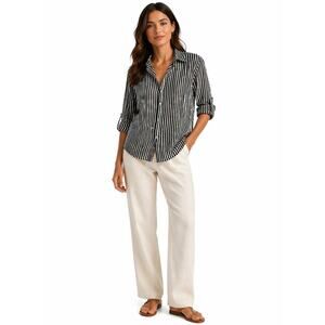 DAVID CLINE Women's Striped Snap Button Long Sleeve Shirt Black/White Size Large
